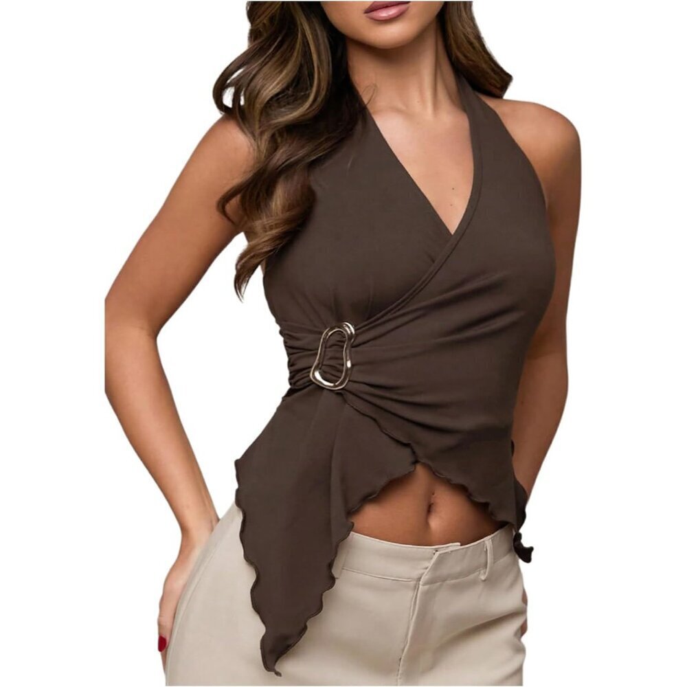 Women's V Neck Halter Top Soft Stretchy Sleeveless Tie Backless Casual